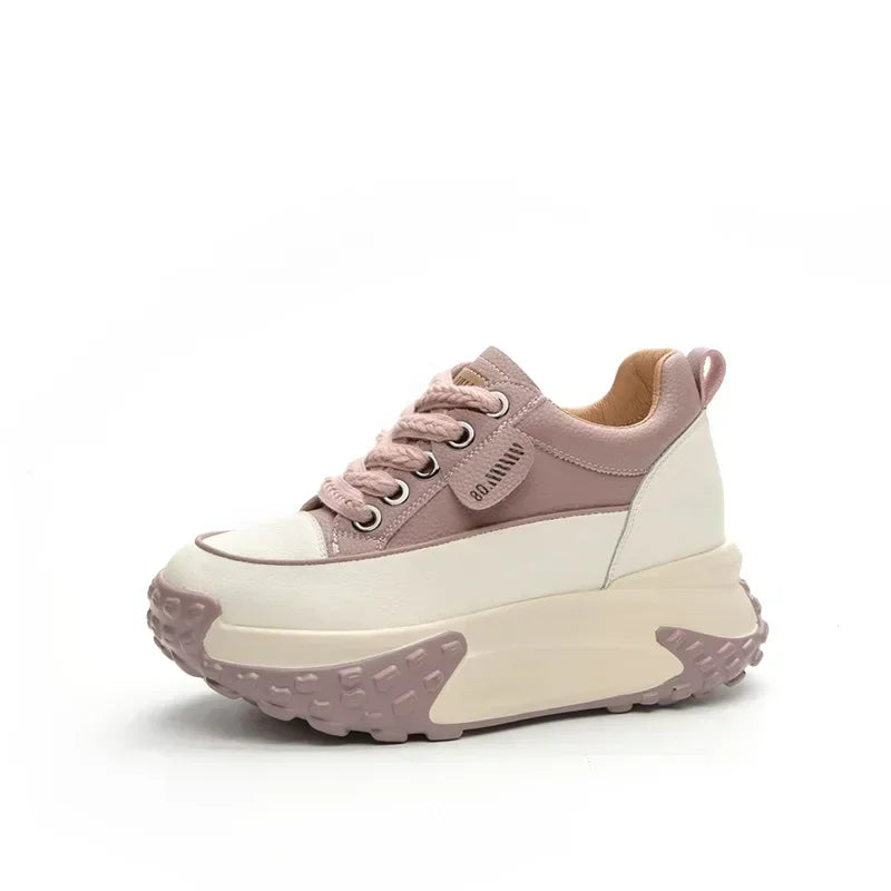 Damen 7cm Leder Plateau Keil-Sneakers – 3 Zoll klobige Absatzschuhe