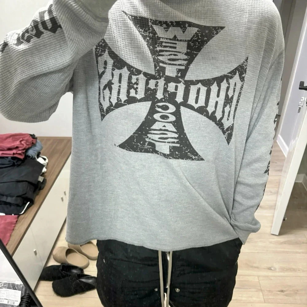 Men’s Vintage Sanskrit Logo Print Tee – Oversized Long Sleeve Hip Hop T-Shirt