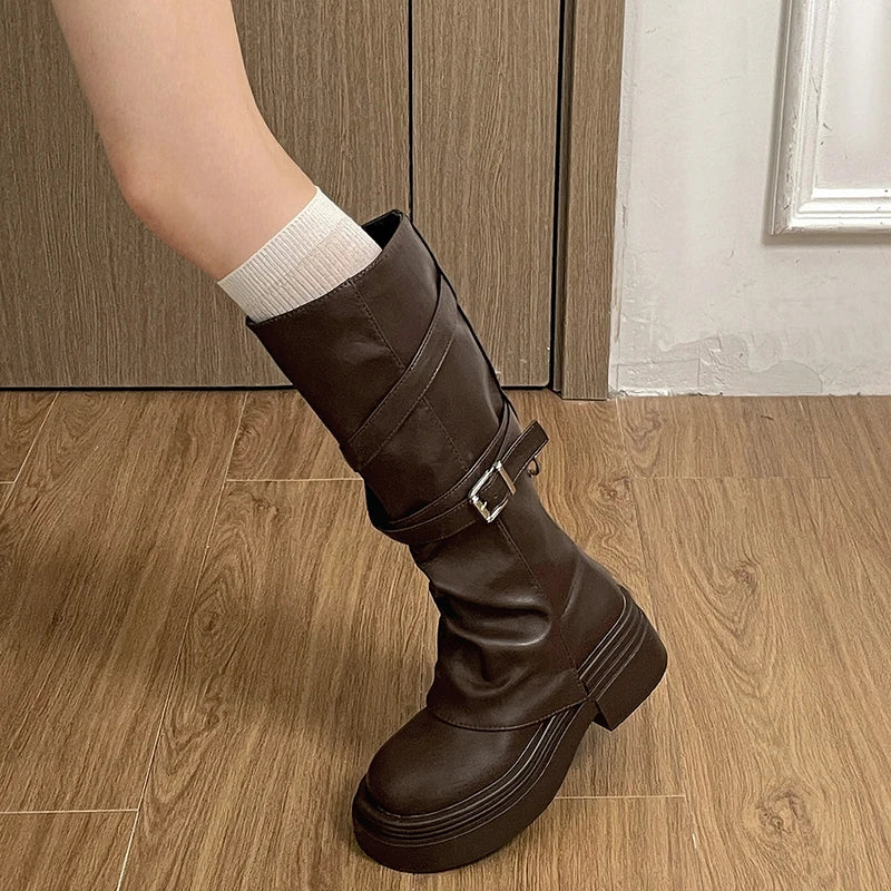 Damen Vintage Knight Langschaftstiefel – Kniehohe Stiefeletten mit Blockabsatz