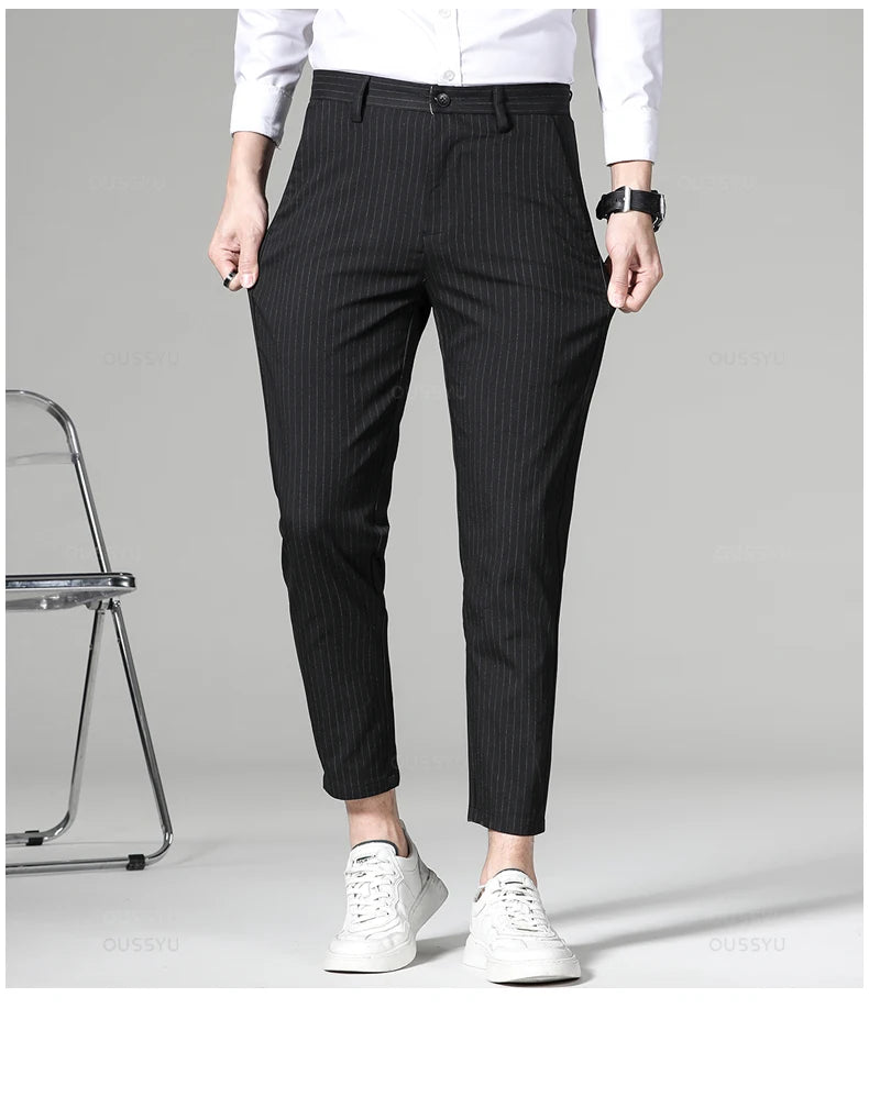 Men’s High-Quality Plaid & Stripe Trousers – Business Formal Suit Pants, Ankle & Full Length Straight Slacks