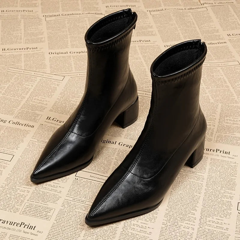 Women’s Vintage Thick Heel Ankle Boots – Slim Fit Pointed Toe Short Booties