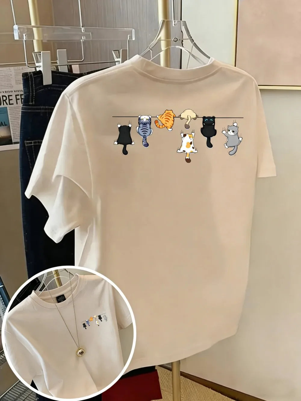Women's Oversized Cotton Cartoon Cat Print T-Shirt