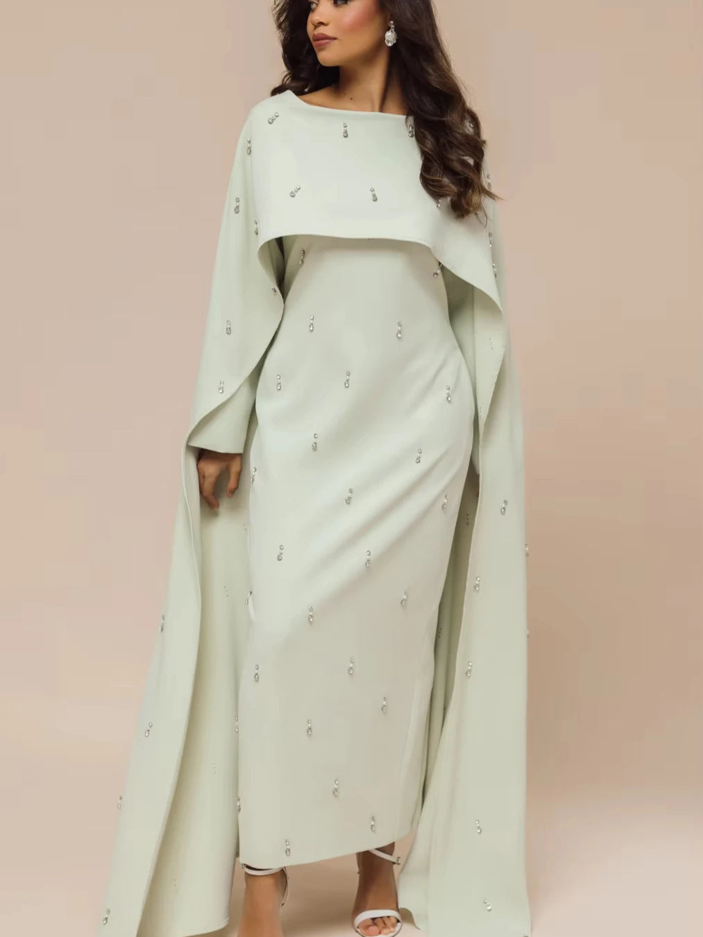 Women’s Cape Abaya Pearl Diamond Embellished – Luxury Caftan Shawl Modest Muslim Dress
