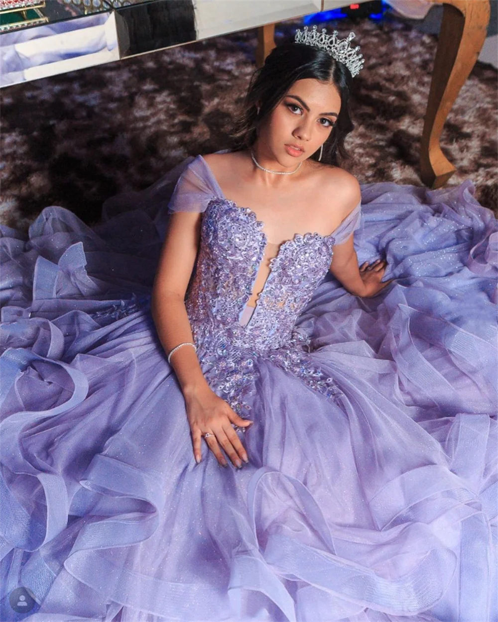 Purple Lace Embroidery Fairy Prom Dress | Glitter Fluffy Ruffle Gown