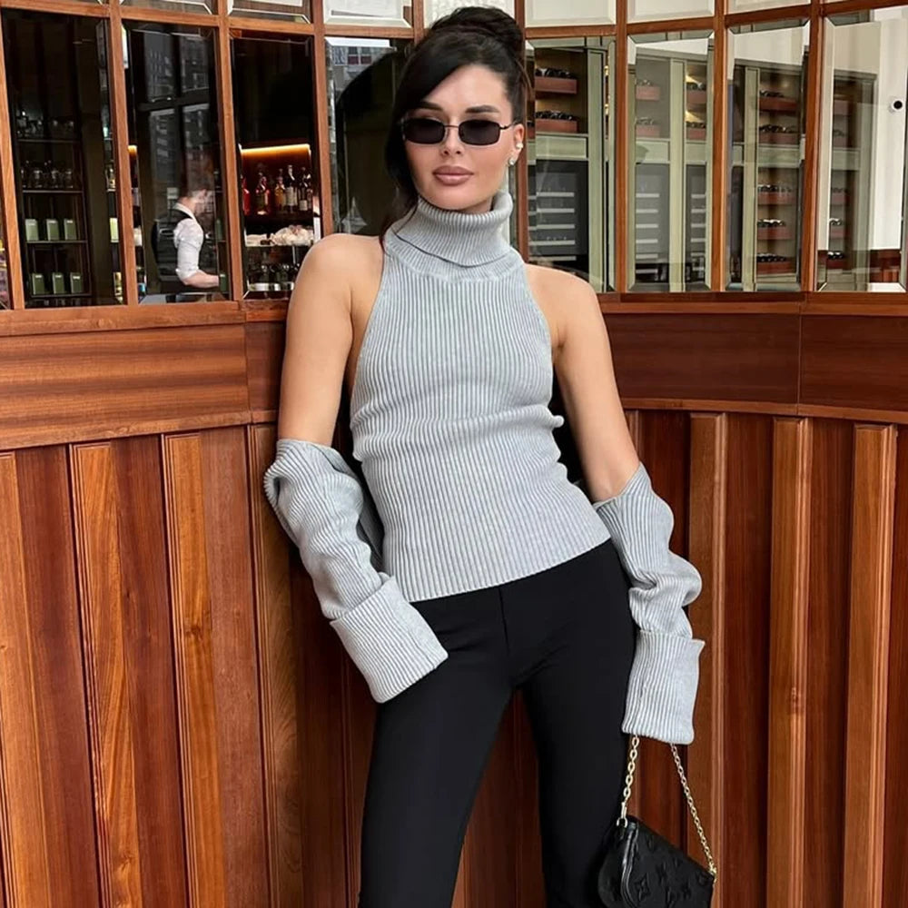 2-Piece Knitted Set for Women – Turtleneck Sleeveless Vest & Long Sleeve Bolero Shawl