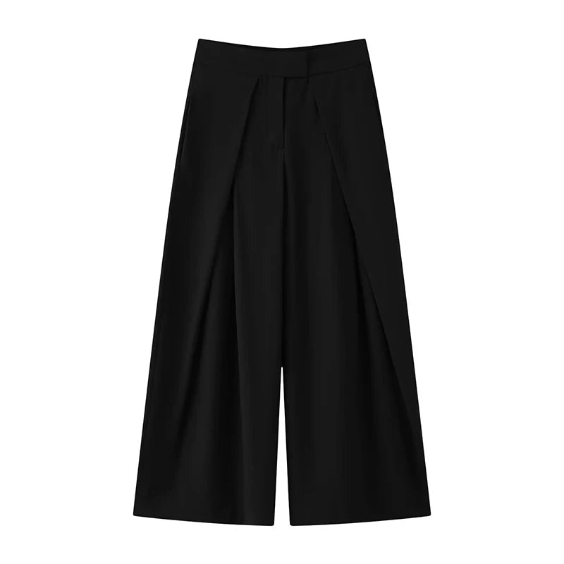Damen lässige gestreifte weite Hose – High Waist plissierte gerade Hose
