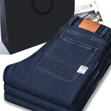 Men's High Waist Business Jeans | Classic Navy Blue Stretch Slim Denim