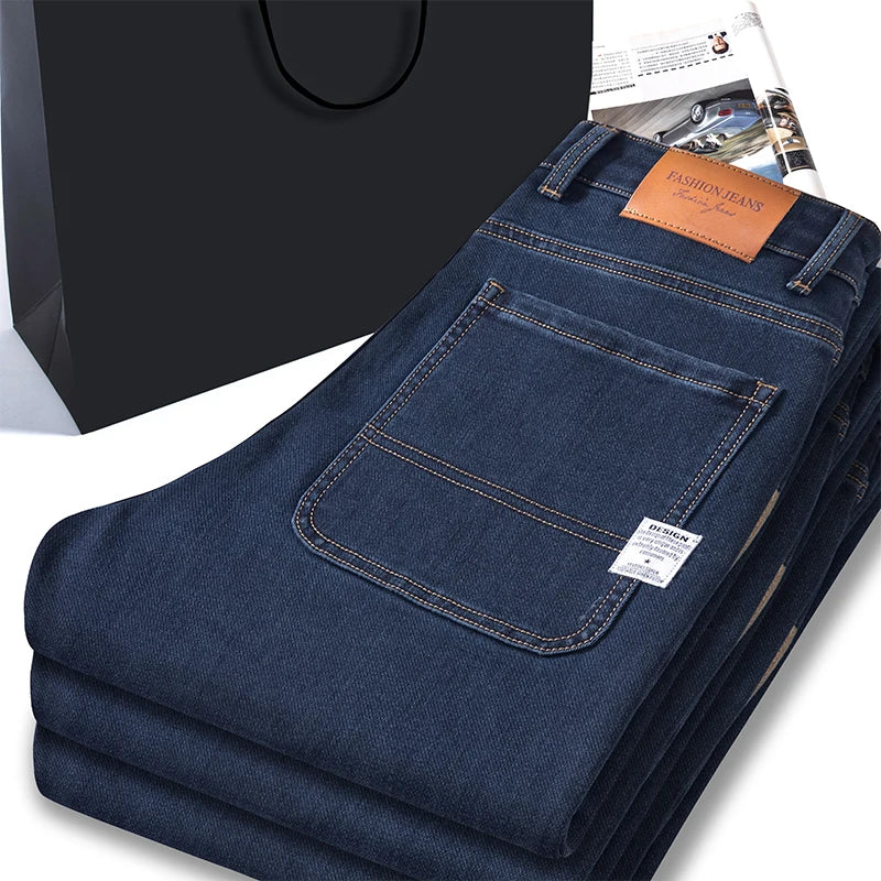 Men's High Waist Business Jeans | Classic Navy Blue Stretch Slim Denim