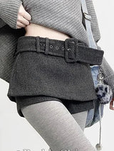 Women’s Low-Rise Tweed Skort with Belt | Gray Retro A-Line Wrap Skirt