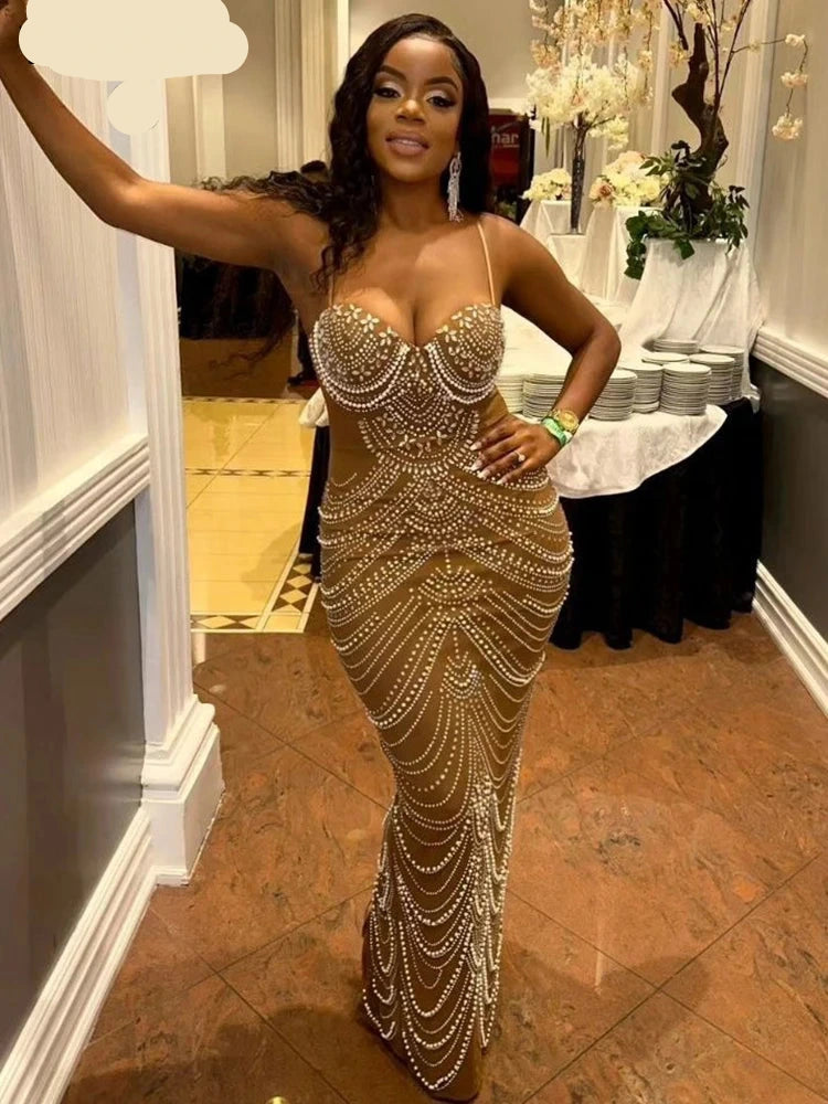 Luxury Brown Rhinestone & Pearl Evening Gown – Sparkly Crystal Celebrities Party Dress