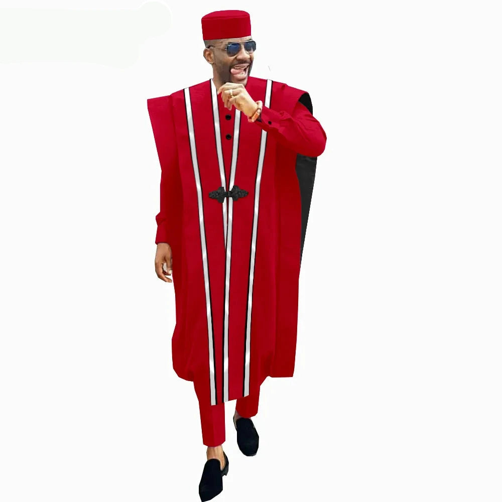 Men’s 4-Piece African Agbada Set | Grand Robe, Dashiki Shirt, Ankara Pants & Tribal Hat