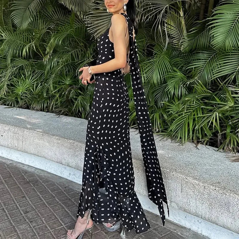 Elegantes, langes Polka-Dot-Kleid für Damen – luxuriöses Halter-Kleid mit Schalband