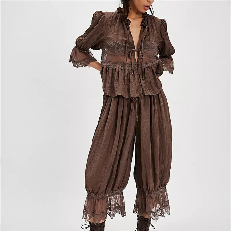 Women’s Y2K Lace Trim 2-Piece Pajama Set – Bow Tie-Front Short Sleeve Shirt & Ruffle Flared Lantern Pants