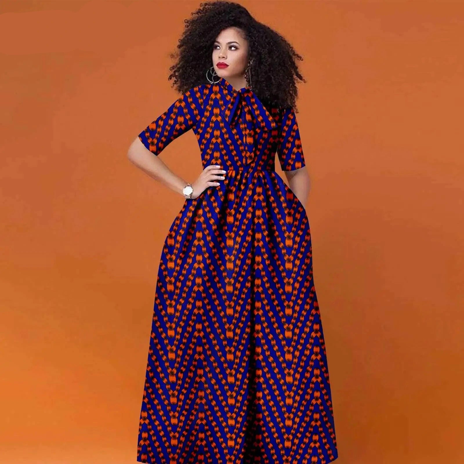Afrikanisches Ankara Maxikleid für Damen | Halbarm High Waist Kleid mit traditionellem Print