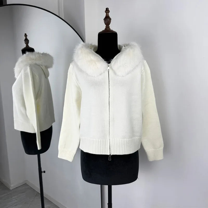 Women’s Winter Fluffy Hoodie Cardigan – Zipper Patchwork Knit Jacket