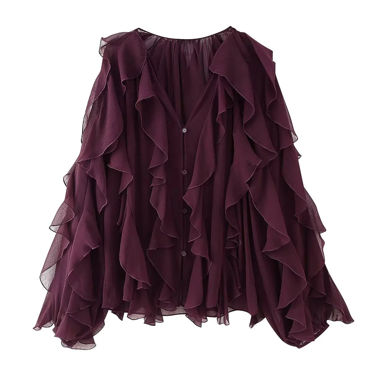 Women’s Sexy Semi-Sheer Ruffle Blouse | V-Neck Long Sleeve Button-Down Shirt