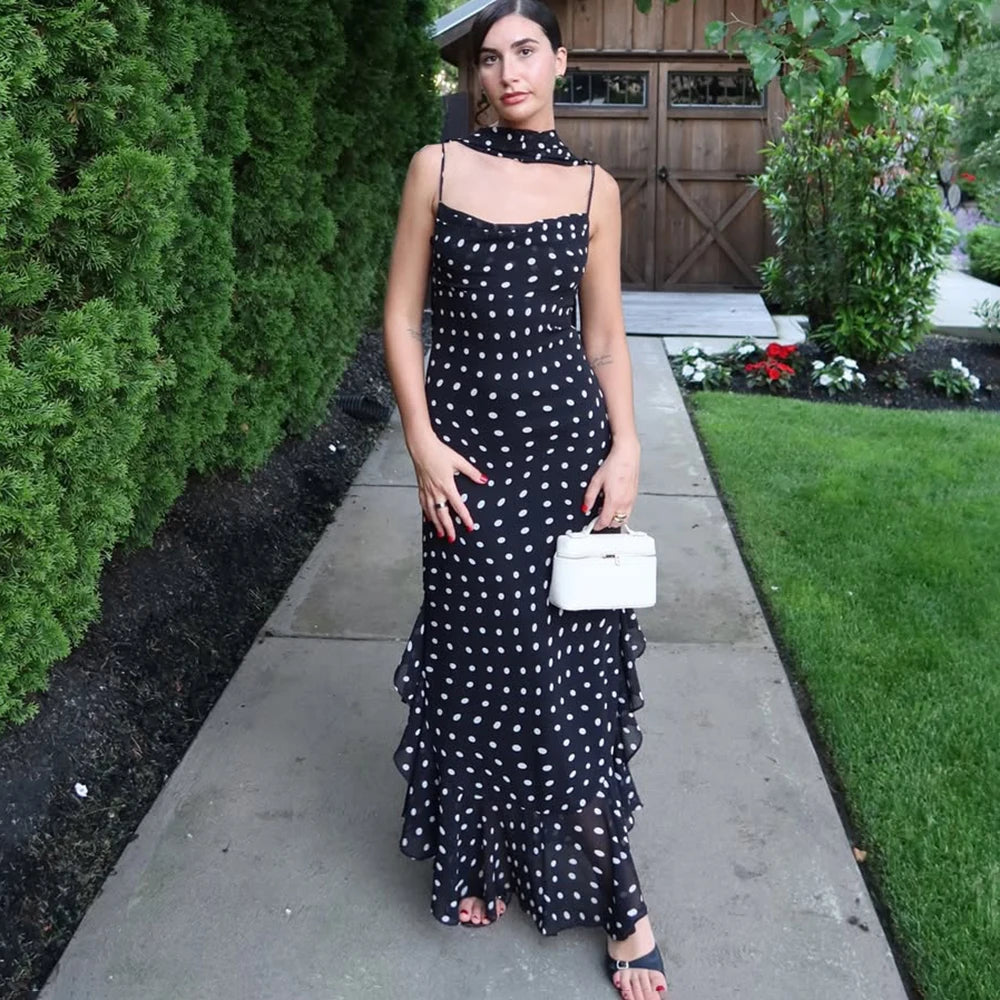 Elegantes, langes Polka-Dot-Kleid für Damen – luxuriöses Halter-Kleid mit Schalband