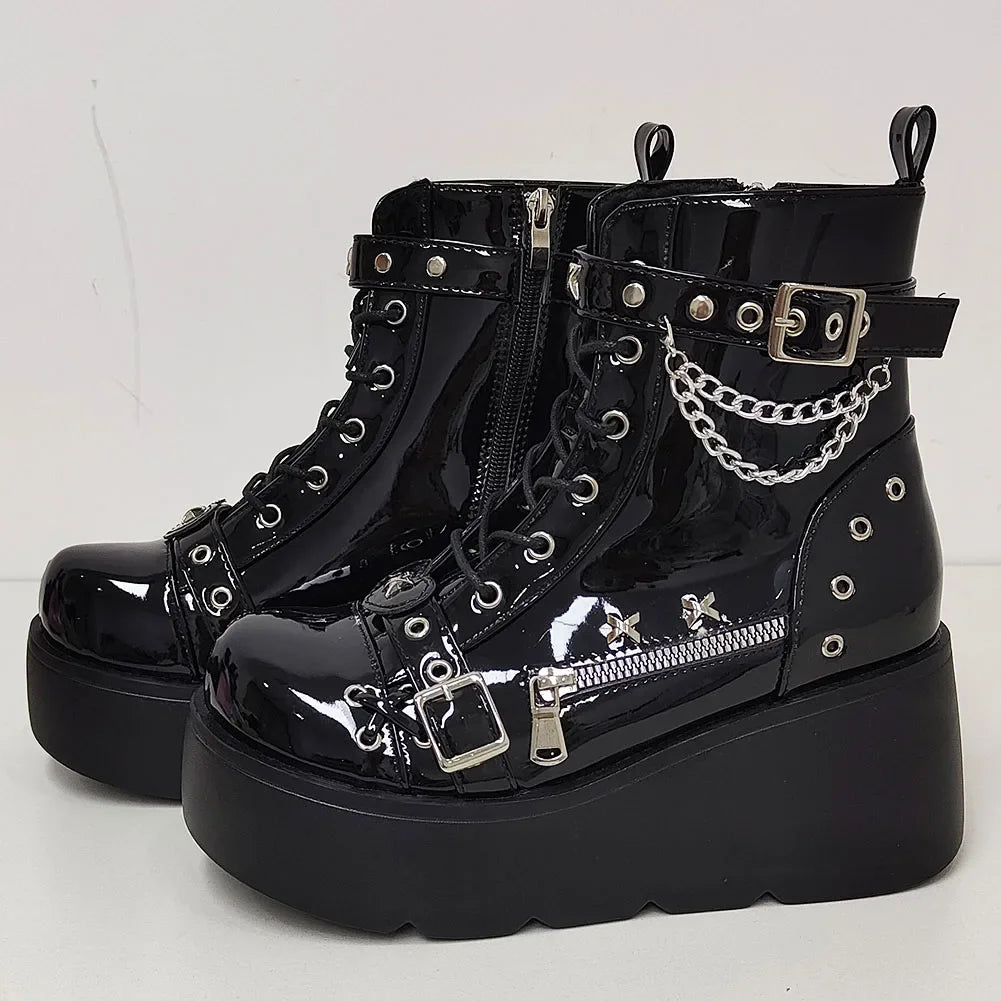 Women’s Waterproof Wedge Gothic Vampire Platform Mid-Calf Boots