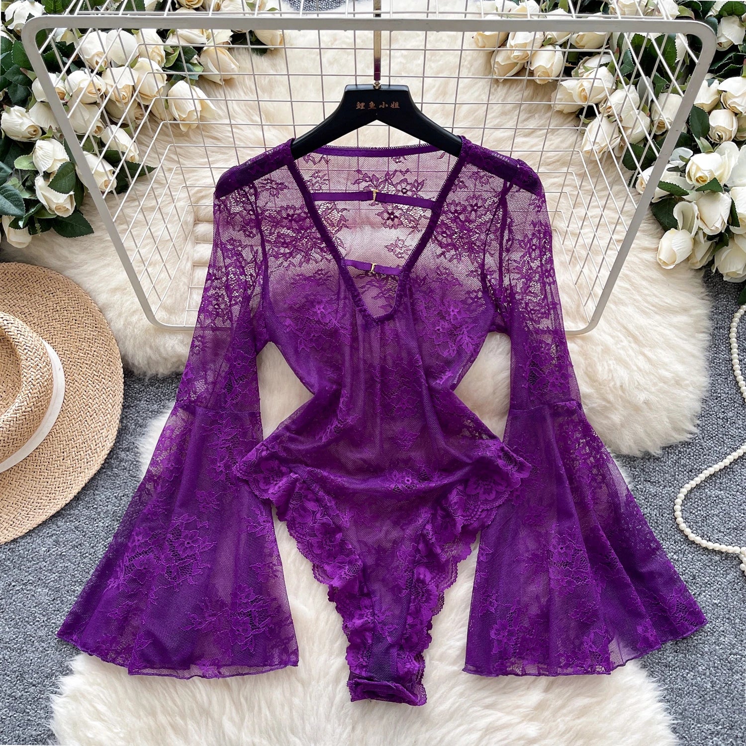 Sexy Deep V-Neck Lace Playsuit Long Flare Sleeve Hollow Out Open Crotch Bodysuit Romper