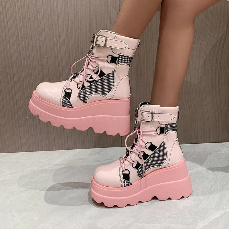 Women’s Gothic Belt Buckle Platform High Wedge Zip Punk Cosplay Ankle Boots