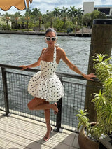 Sexy Backless Polka Dot White Halter Mini Dress – Women’s Lace-Up Back Ball Gown