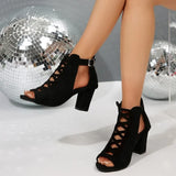 Women's Black Elegant Heel Wrap Sandals with Rear Zipper– Comfortable Thick Heel Fishmouth Peep Toe Shoes