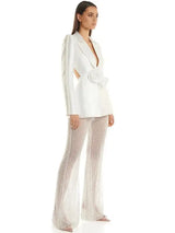 Damen-Blazer mit Cut-Out-Blumenapplikationen und Perlenbesatz – Elegantes Set mit weiter Hose aus Gaze