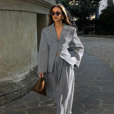 V-Neck Blazer & Wide-Leg Pants Set | Women’s Single-Breasted Pocket Jacket & Trousers