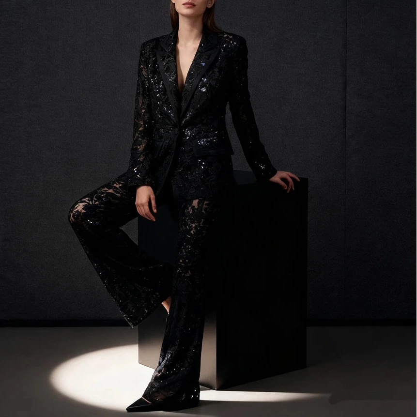 Women's Mesh Lace Suit Set – 2-Piece Slim Fit Sequin Tuxedo – Shiny Formal Business Blazer & Pants