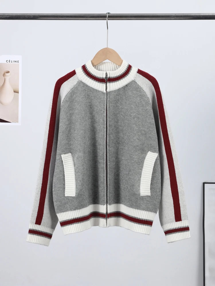 The Heritage Zip: Gray Striped Stand-Collar Knit Jacket – Modern Preppy Loose-Fit Sweater Coat
