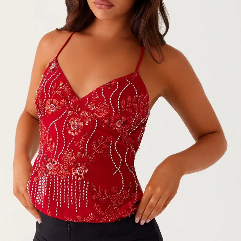 Women’s Y2K Sequin Halter Crop Top – Pearl Embellished Glitter Cami