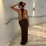 Women’s Gold Ring Halter Backless Maxi Dress