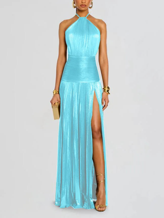 Damen Neckholder Abendkleid | Schickes einfarbiges plissiertes rückenfreies Kleid