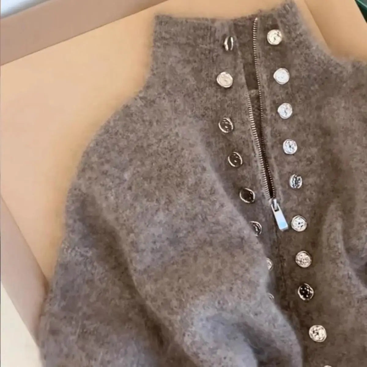 Women’s Thickened Stand Collar Sweater Coat – Autumn Winter Lazy Style Knitted Cardigan