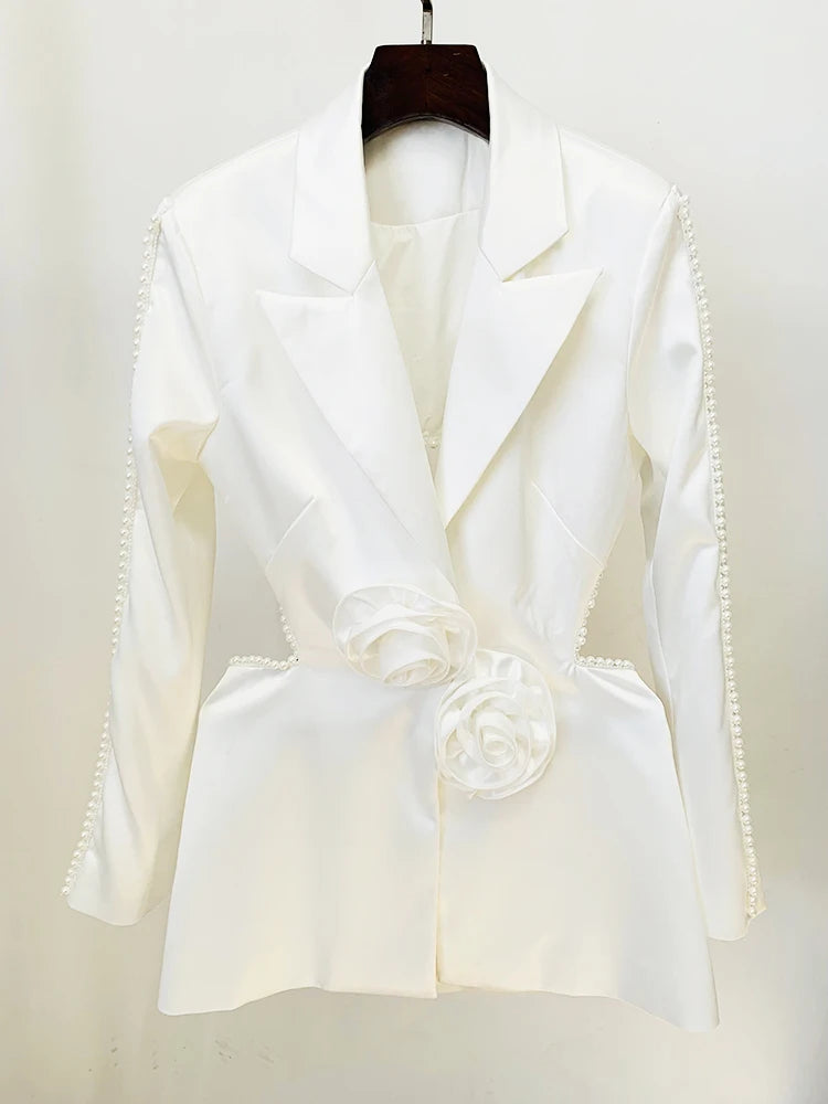 Damen-Blazer mit Cut-Out-Blumenapplikationen und Perlenbesatz – Elegantes Set mit weiter Hose aus Gaze