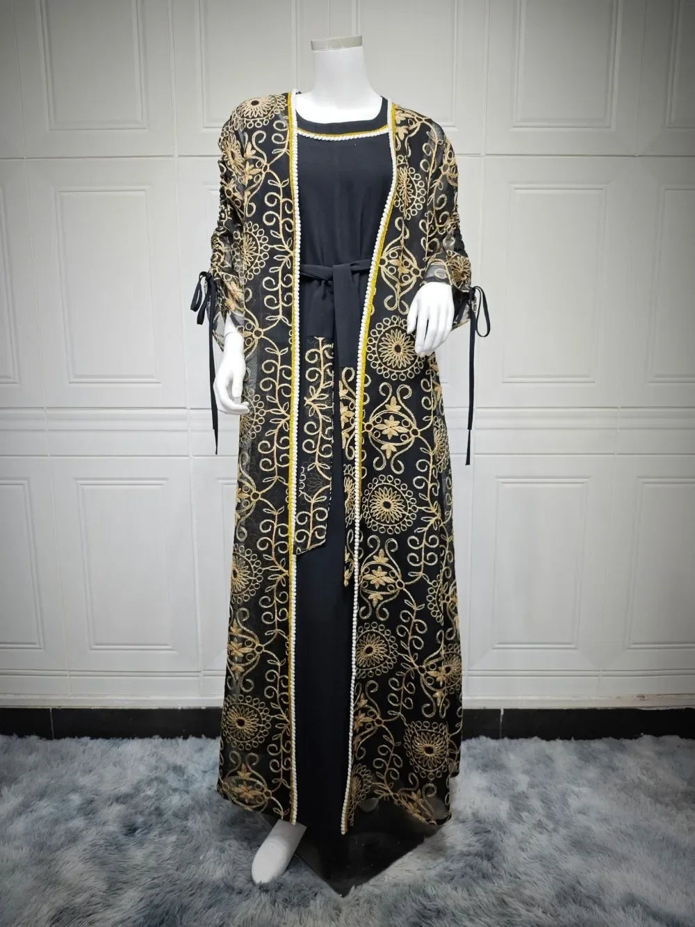 Muslim Women’s 2-Piece Abaya Set for Eid | Embroidered Open Cardigan and Lace-Up Inner Dress