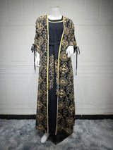 Muslim Women’s 2-Piece Abaya Set for Eid | Embroidered Open Cardigan and Lace-Up Inner Dress