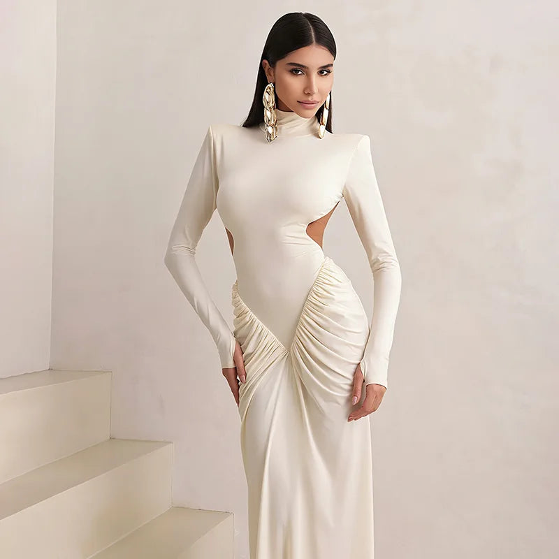 Sexy rückenfreies Rollkragen-Maxikleid – Damen Abendkleid Langarm Party