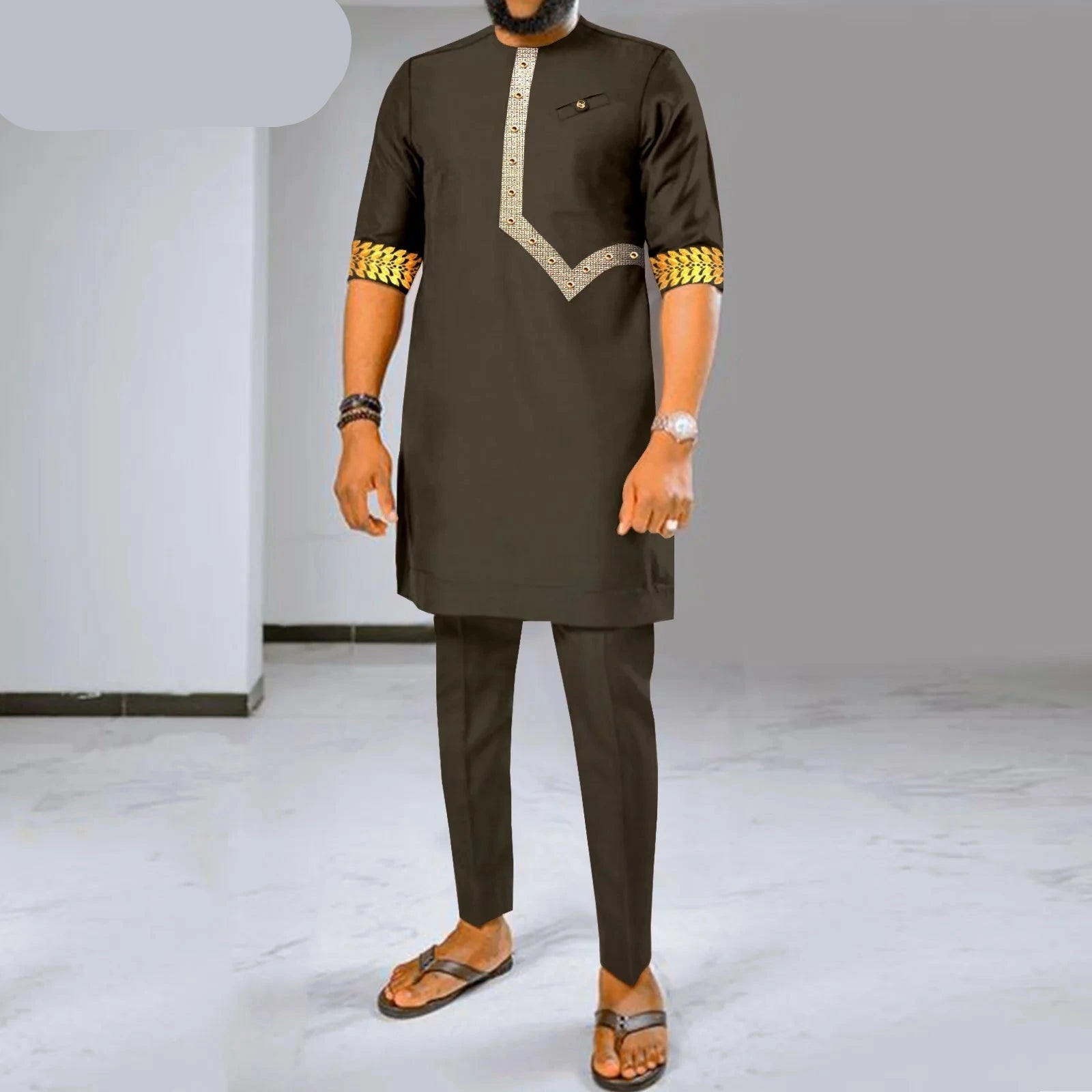 Herren Dashiki besticktes Kurzarmhemd und Ankara-Hosen-Set