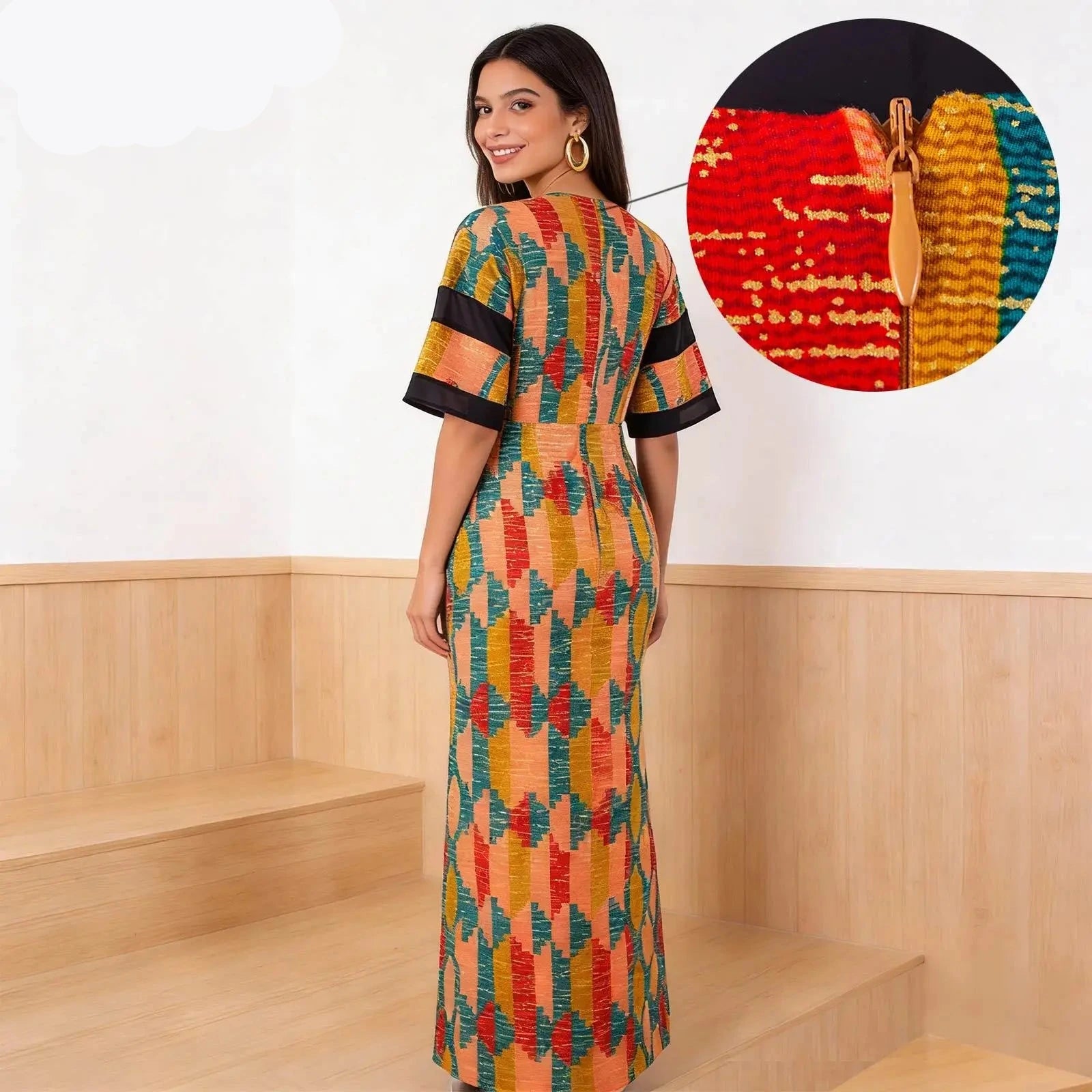 Damen Maxi Bodycon-Kleid mit halbem Ärmel und afrikanischem Dashiki-Print