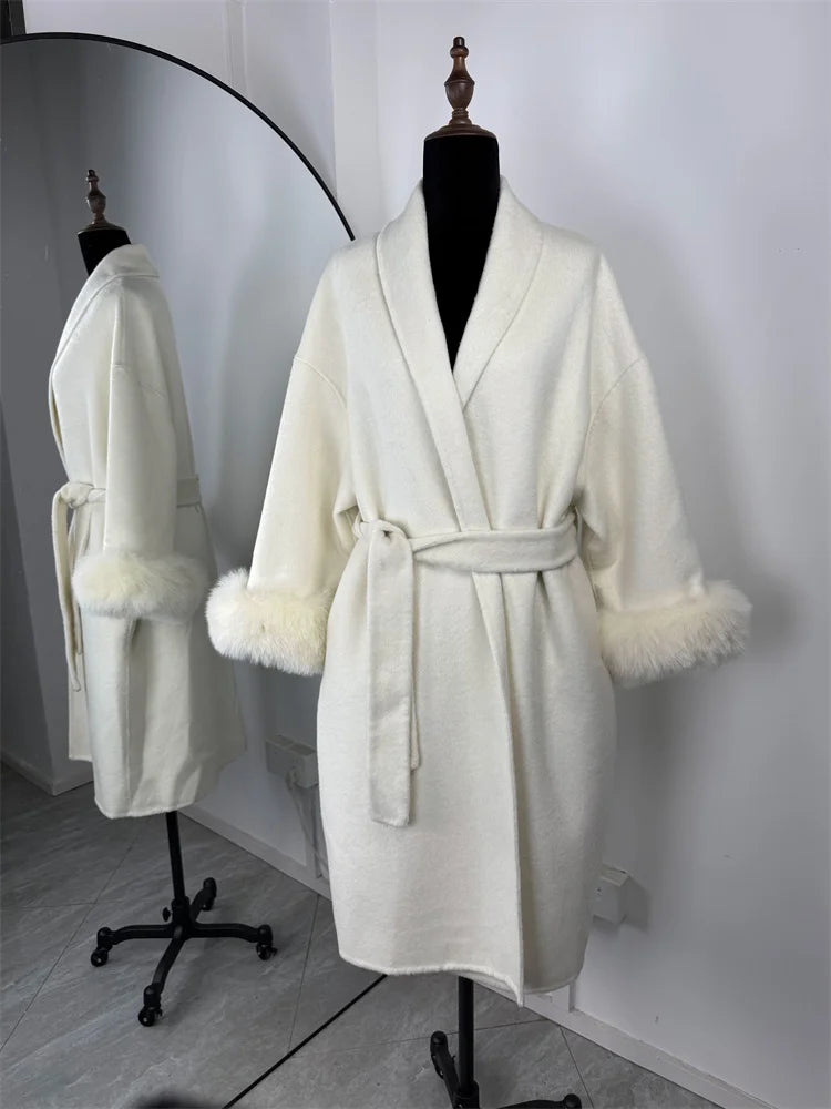 Luxuriöser Fuchsfell-Woll-Wintermantel für Damen – Eleganter doppelseitiger Wollmantel für Frauen,
