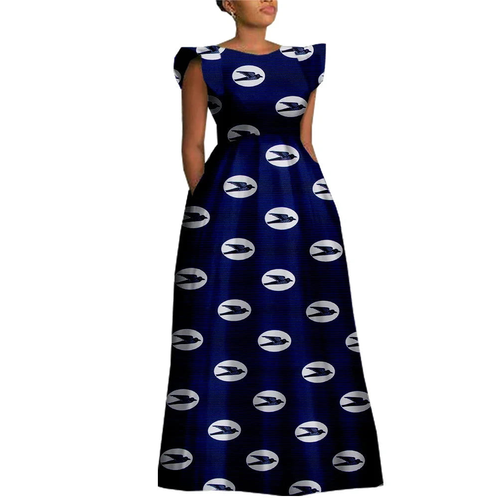 The "Heritage Queen" Floor-Length Gown: Bold Ankara Wax Cotton Dress with Short Sleeves