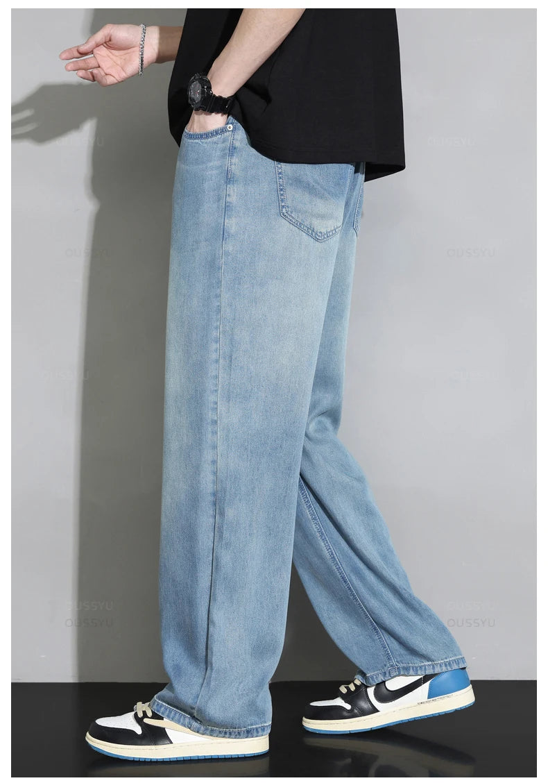 Men’s 100% Lyocell Elastic Waist Loose Straight Summer Jeans – High Quality Ultra-Soft Denim