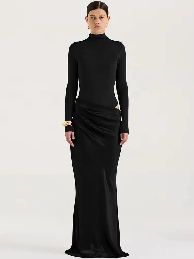 Damen Sexy Satin-Maxikleid mit Cut-Outs – Tailliertes Partykleid mit hoher Taille