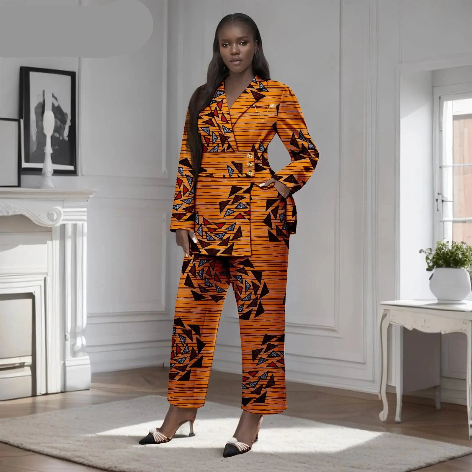 Afrikanisches zweiteiliges Set für Damen mit goldenem Knopf, Broschen-Blazer und Knöchelhose