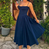 Women's Elegant Blue Spaghetti Strap Midi Dress