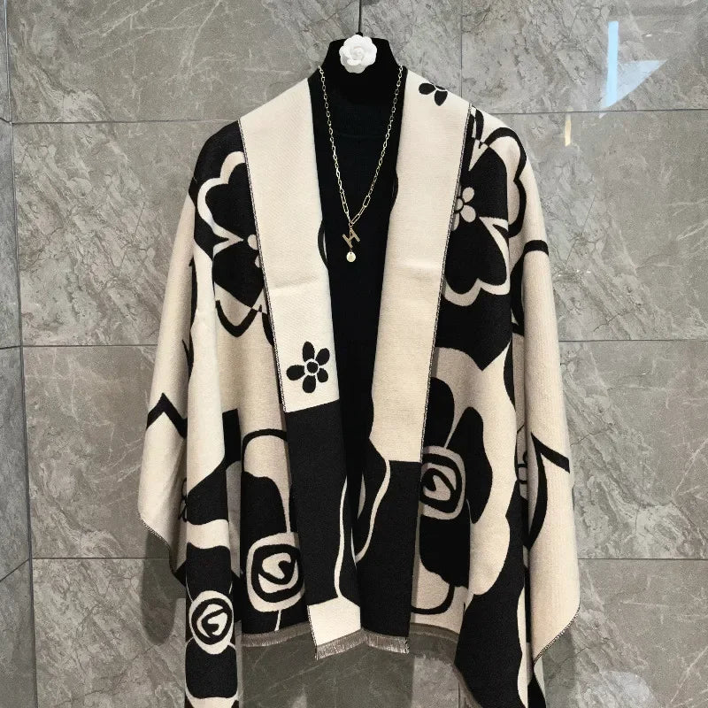 Elegant Flowers Soft Acrylic Scarf Long Wrap for Women