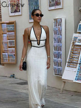 Classic Knit Halter Maxi Dress – Deep V-Neck Backless Bandage Gown