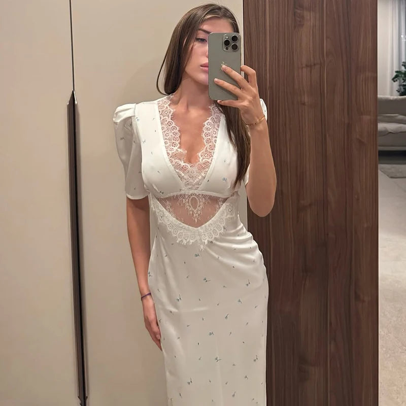 Damen Sexy Hohlspitze Kleid – Elegantes Kurzarm-Kleid mit Druck, hoher Taille und schmaler Passform für Sommerpartys