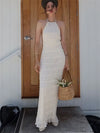 Damen-Maxikleid mit Schnürung am Rücken, rückenfrei, für den Urlaub, Strand, hohe Taille, einfarbig, elegant